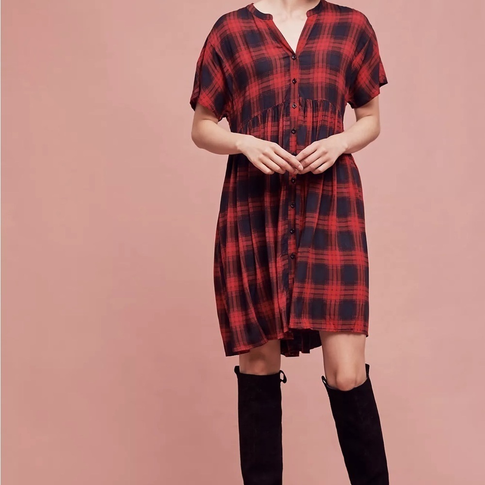 Anthropologie Tylho Mona Plaid Dress Red and Black Plaid Button-Up Dress Size XS